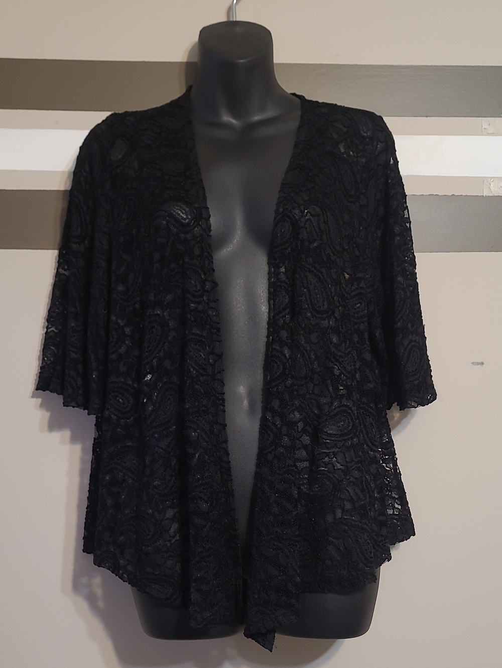 Jessica Black Lace Paisley Open-Front Lightweight Oversized Cardigan Sz Med